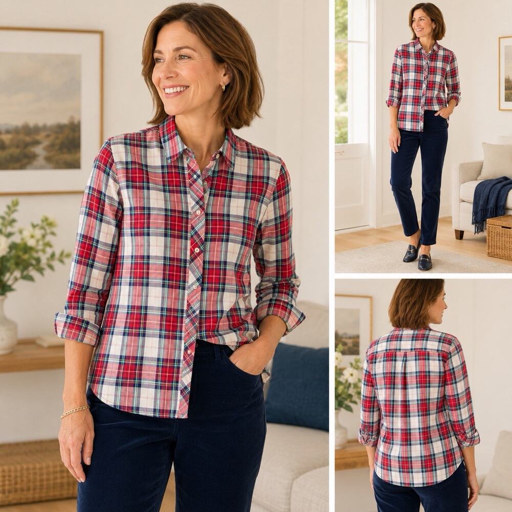 Talbots Plaid Button Up Shirt Womens XL Preppy Coastal Country Club Metallic